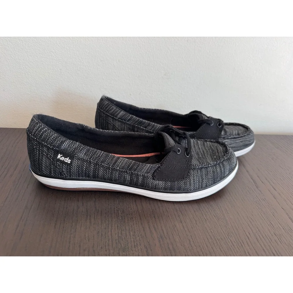 coastal Keds Chillum Boat Shoe Womens Size 8.5 Black‎ Grey Woven Ortholite